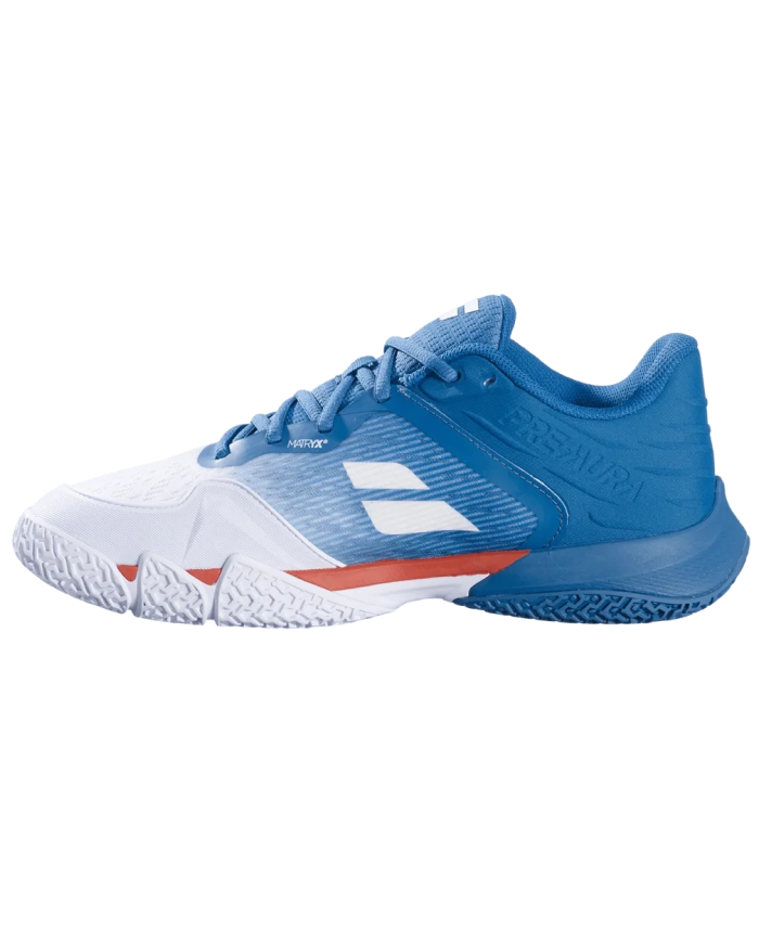 Scarpe sportive da pallamano o tennis Babolat Premura 3 Petrol Blue, modello azzurro/blu con suola bianca e dettagli bianchi e a