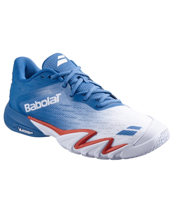 Scarpe da tennis Babolat Premura 3 Petrol Blue: tomaia blu con suola bianco-rossa, logo Babolat e calzata sportiva.