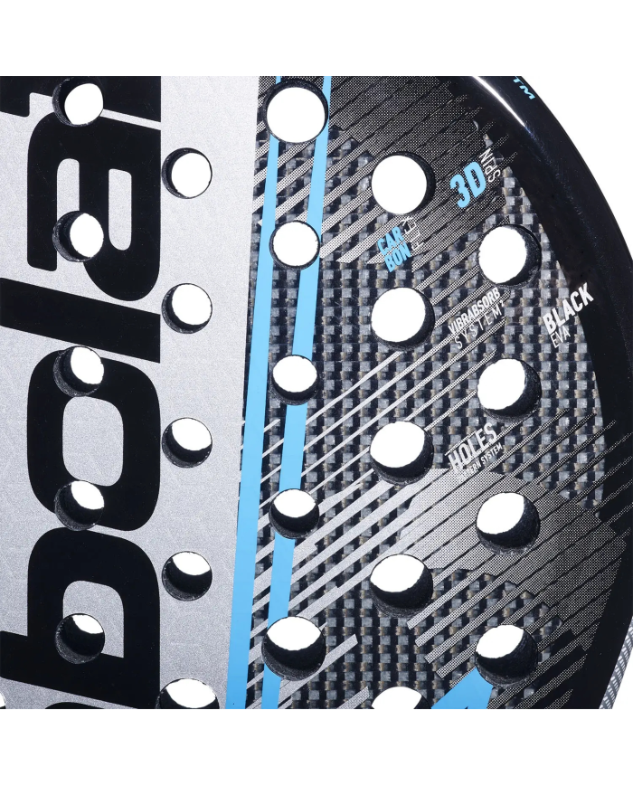 Paddle da padel Babolat Air Veron 2.6 2026: dettaglio di superficie in grafica carbonio con fori circolari bianchi e grafica ner