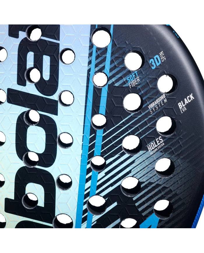 Racchetta da padel Babolat Air Vertuo 2.6 2026, vista in primo piano con grafica blu e nera, fori orecchiati e dettagli “VIBRABO