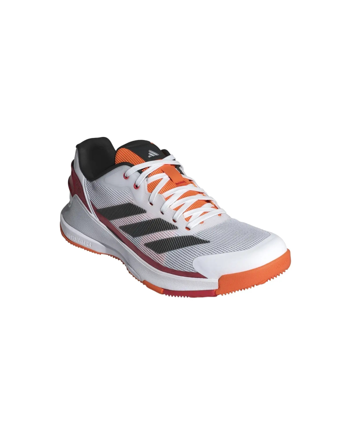 Scarpa da atletica Adidas Crazyquicks Padel JR4647: Tomaia in mesh grigia con dettagli arancioni, tre strisce nere, suola bianca