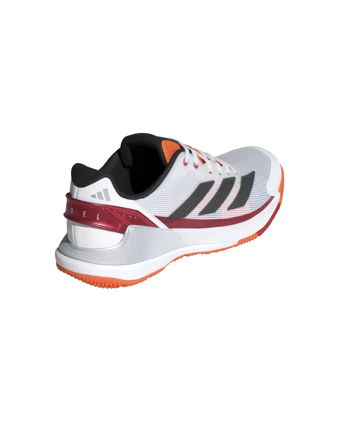 Scarpa da corsa Adidas Crazyquicks Padel JR4647, bianca con dettagli neri, arancioni e suola arancione, vista laterale posterior