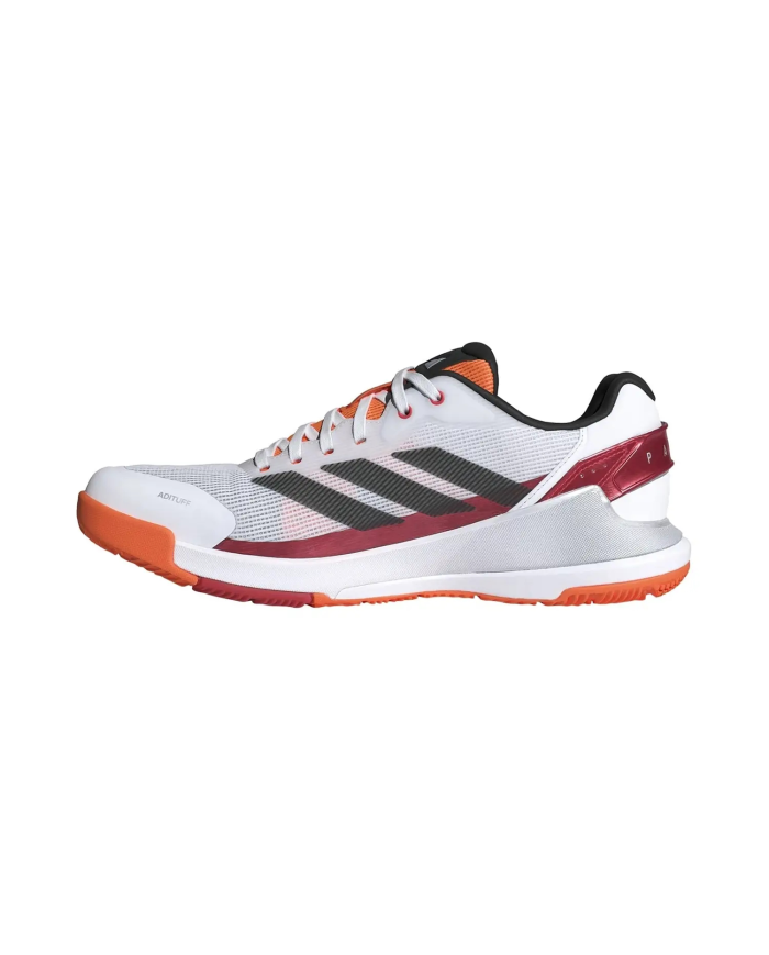 Scarpa da corsa Adidas Crazyquicks Padel JR4647 bianca con dettagli arancioni e neri, tomaia in mesh, suola antiscivolo e cernie