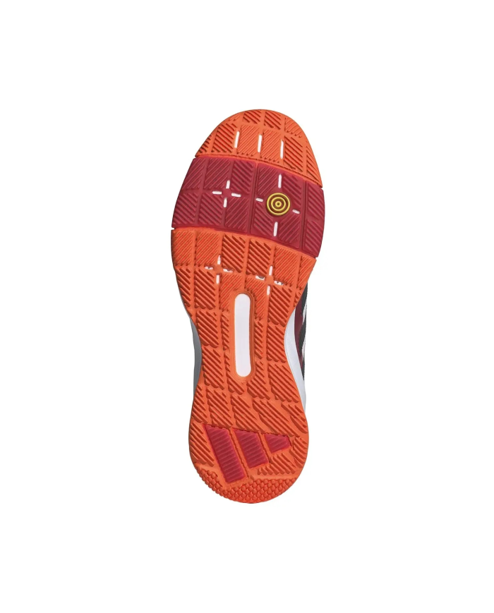 Suola di scarpa da corsa/padel Adidas Crazyquicks JR4647: motivo a tasselli arancione e rosso con nodi di grip, foro centrale e
