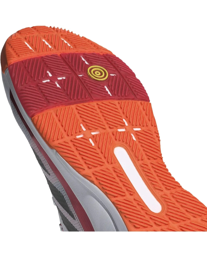 Suola di scarpa Adidas Shoes Crazyquicks Padel JR4647: motivo a scacchi arancione e rosso con tacco giallo e scanalature dettagl