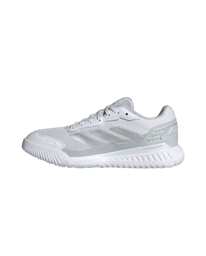 Scarpa da uomo Adidas Courtquick Padel bianca, design sportivo, tomaia in mesh, dettaglio firme AdiFive stripes, suola performan