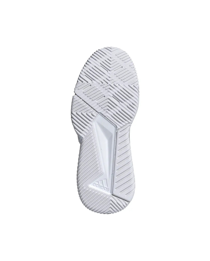 Scarpa da calcio Adidas Courtquick Padel bianca, vista dalla suola con pattern zigzag e logo Adidas sul centro.