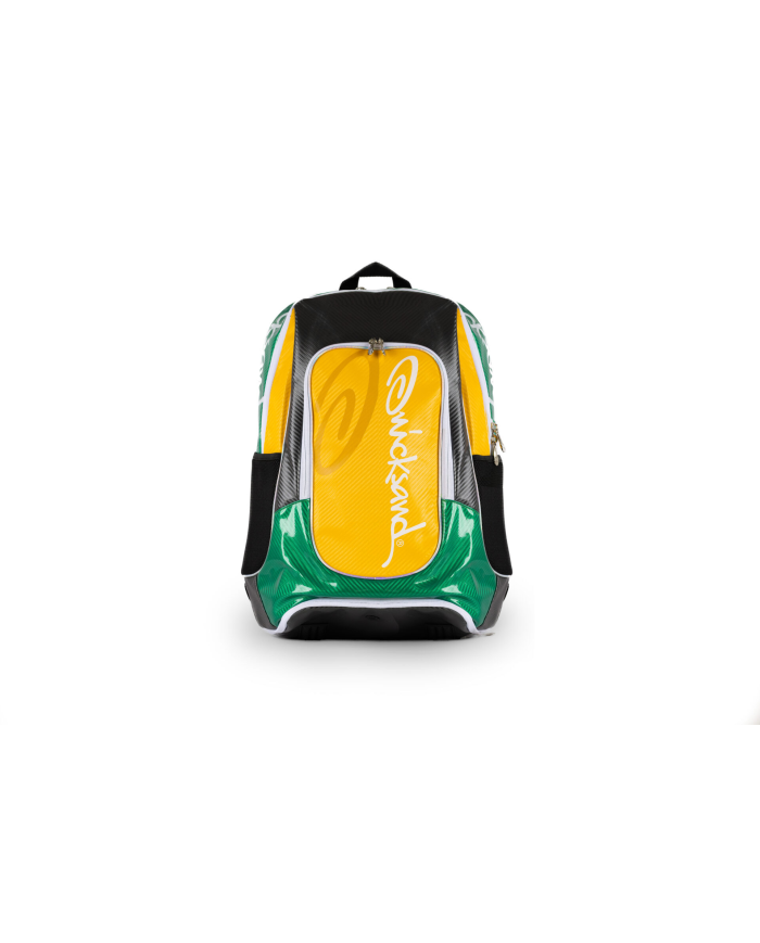 Zaino sportivo colorato con pannelli verde, giallo e nero, logo bianco Quicksand Zaino Pro Brasil, tasche laterali nere.