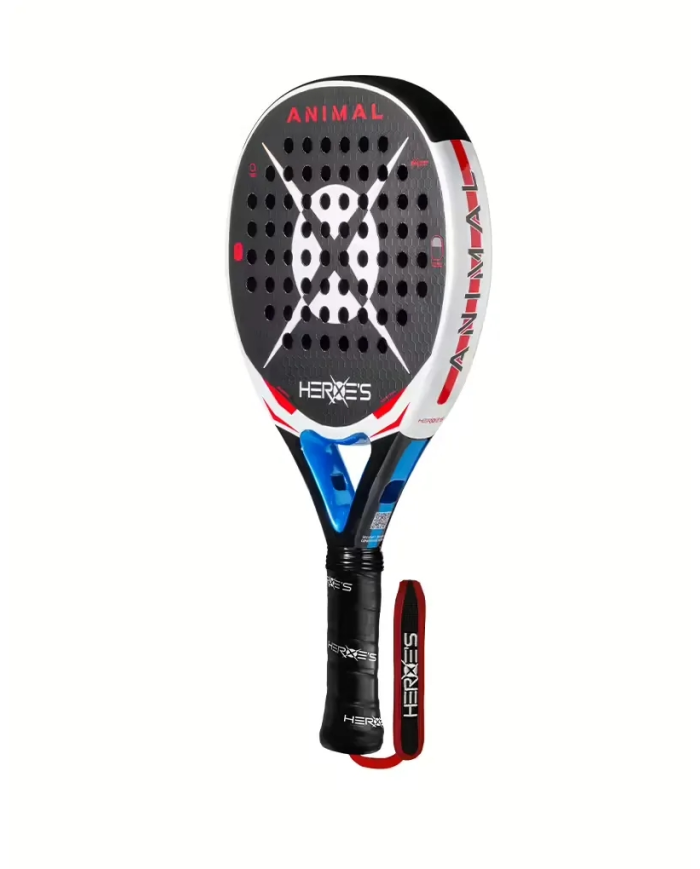 Paddle da padel Heroe's Animal 2026 con piatto perforato nero, grafica rossa e bianca, impugnatura nera e bretella rossa.