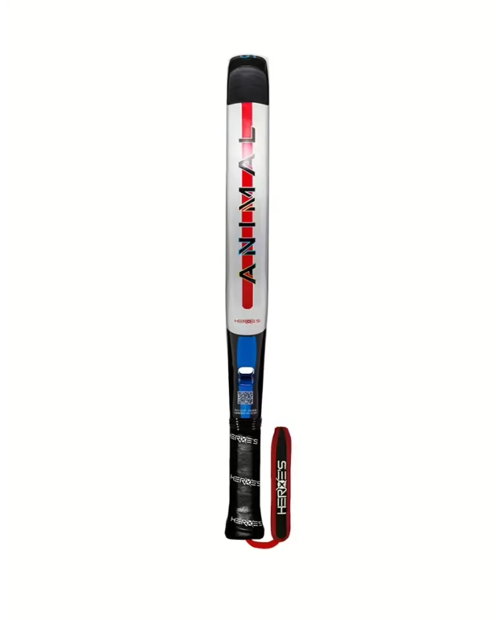 Padel bat Heroe’s Animal 2026 con fodera bianca, nera e rossa e rifiniture blu, incluse custodia leggera rossa.