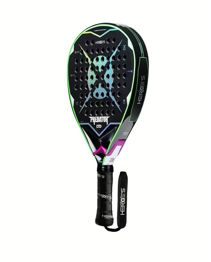 Pala da padel Predator LTD 2026 di Heroe’s, colore nero con dettagli verde fluo, accessorio manico e protezione, logo Heroe’s Pr