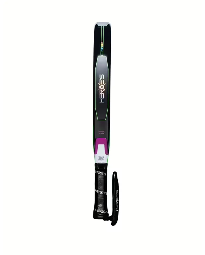 Padel paddle Heroe's Predator LTD 2026 con cover e grip nero, dettagli verde fluo e elementi color viola.