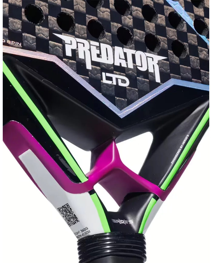 Pale da paddle Predator LTD 2026 di Heroe’s: design colorato con parti nere, verde lime e viola, logo Predator LTD sul fondo.