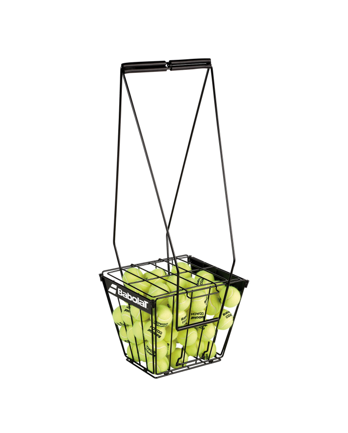 Cesto porta palline da tennis nero con manico pieghevole, pieno di palline gialle Babolat.