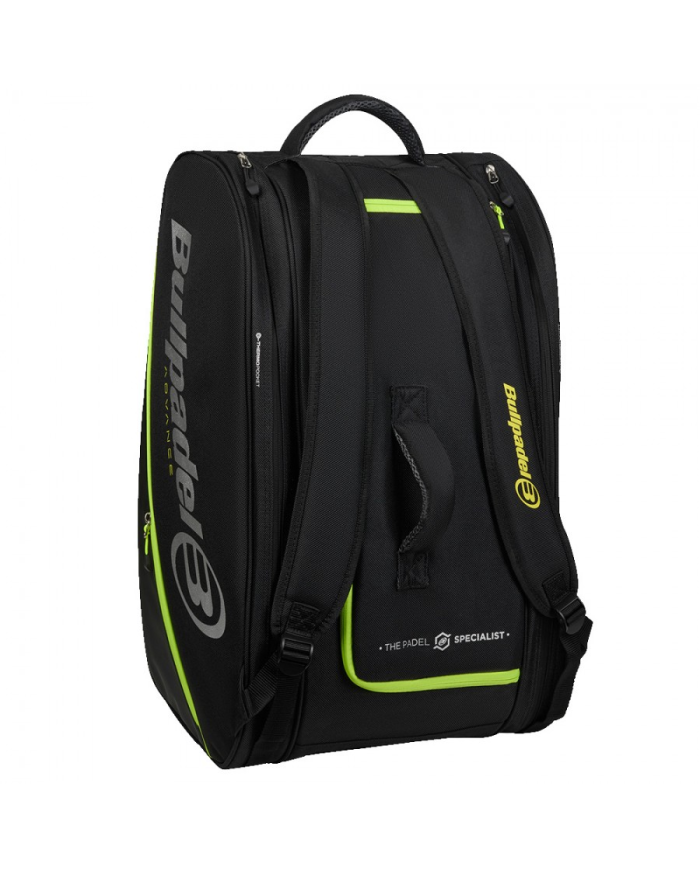 Borsa da padel Bullpadel BPP26014 Advance Nera con dettagli lime, spallacci imbottiti e manico, vista laterale con logo Bullpade