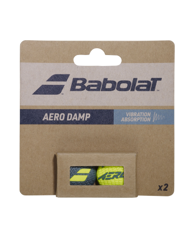 Pacchi di due palline da tennis Babolat Aero Damp X2, evidenziando logo Babolat e colori giallo-nero/blue nella finestra.