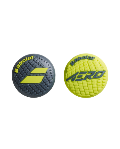Palline da tennis da tavolo Babolat Aero Damp X2, due sfere gialle-nerastre con texture a scacchi e logo Babolat.