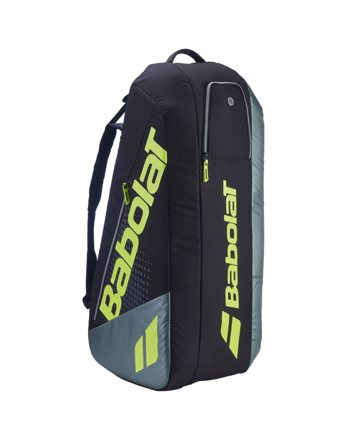 Babolat Borsa Pure Aero RH6 2026 zaino sportivo nero con dettagli grigio e logo giallo fluo, tasche con zip e maniglia superiore