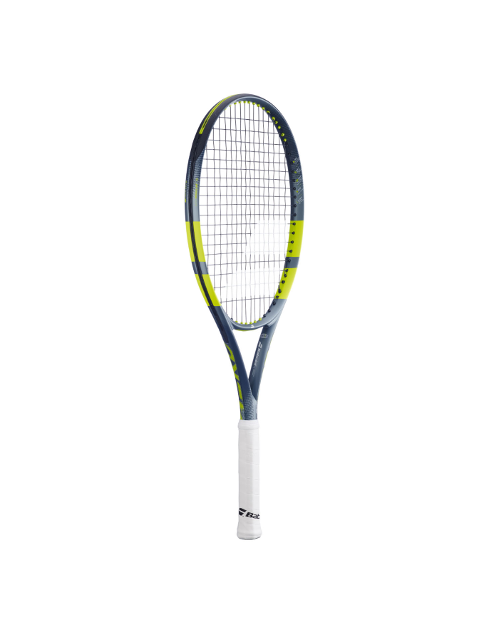 Raquetta da tennis junior Babolat Pure Aero Junior 26 2026 con telaio blu-gn, corde bianche, impugnatura bianca, design giallo.