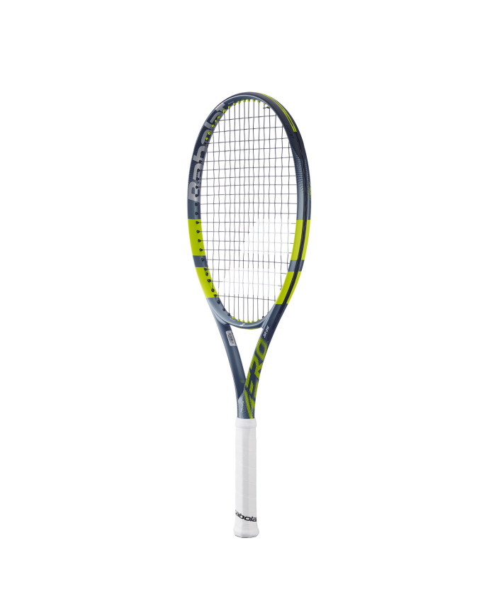 Raquetta da tennis Junior 26 Babolat Pure Aero 2026 con telaio blu navy e dettagli giallo fluo, impugnatura bianca e incordatura