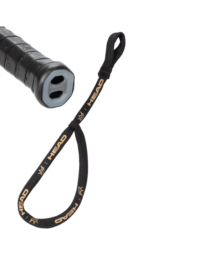 Corda elastica nera con logo Head in beige, attaccata a impugnatura sportiva; loop superiore per presa o fissaggio. Testo: Head.
