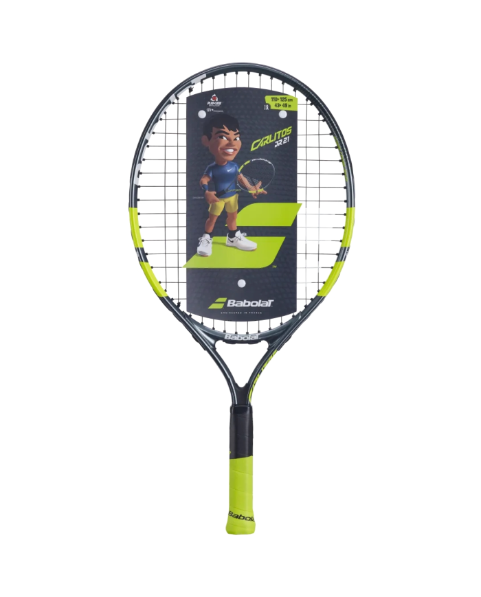 Raquetta da tennis Babolat Carlitos Junior 21" per bambini, telaio nero con inserti gialli, manico giallo e nastro protettivo; c