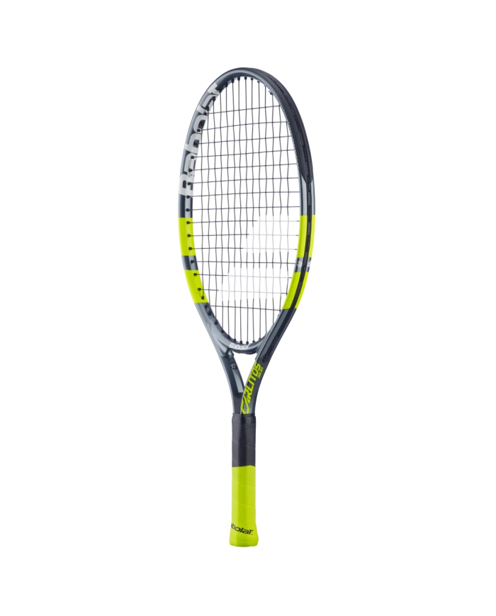 Racchetta da tennis bambino Babolat Carlitos Junior 21", telaio grigio con dettagli giallo fluo, impugnatura nera e gialla.