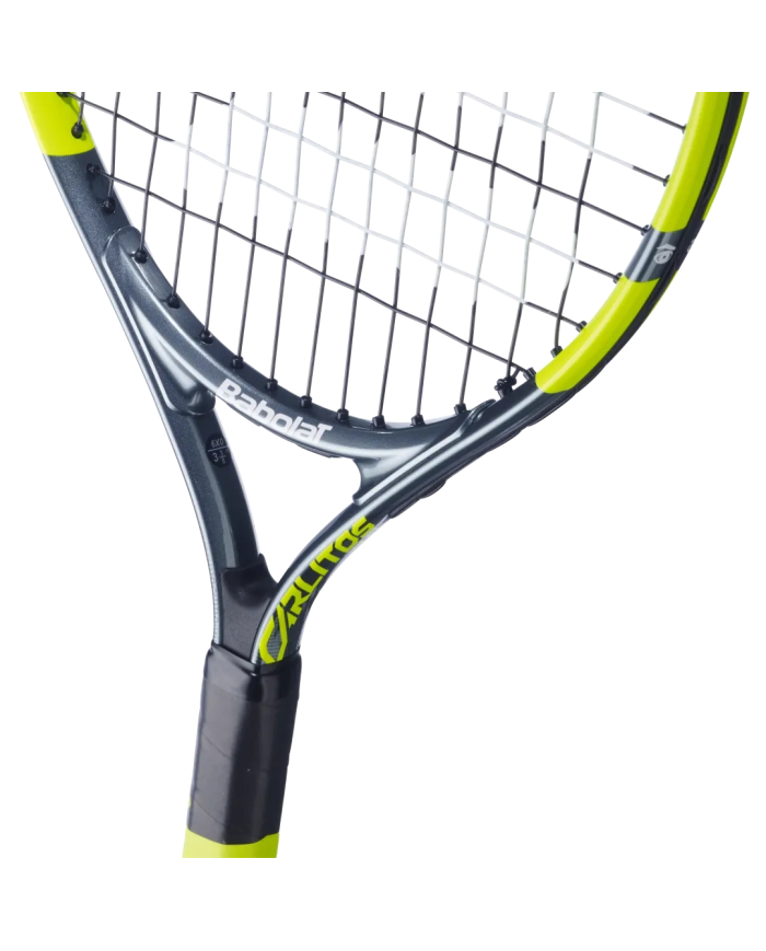 Racchetta da tennis per bambini Babolat Carlitos Junior 21" con telaio grigio-nero e telaio giallo fluo, grip nero.