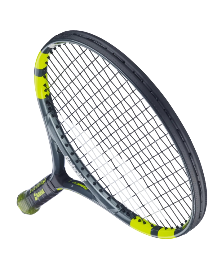 Raquet da tennis Babolat Carlitos Junior 23" con telaio grigio/nero e dettagli giallo fluo, impugnatura ergonomica.
