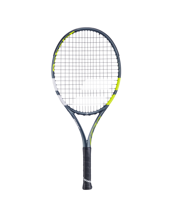 Racchetta da tennis junior Babolat Aero Junior 25 2026, telaio aerodinamico blu-nero con corde bianche e impugnatura nera.