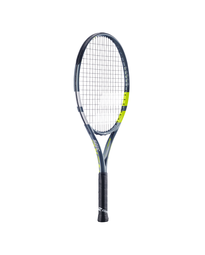 Racchetta da tennis Babolat Aero Junior 25 2026, telaio grigio/nero conimpunti giallo-chiaro, manico nero.