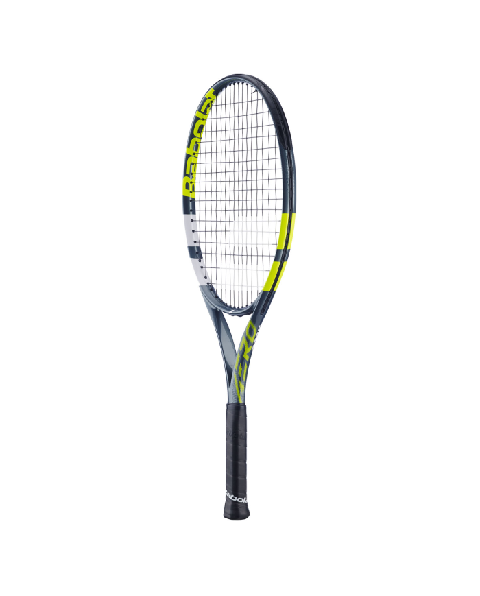 Racchetta da tennis junior Babolat Aero Junior 25 2026, entità leggera con telaio grigio-blu e grafica giallo fluo, impugnatura