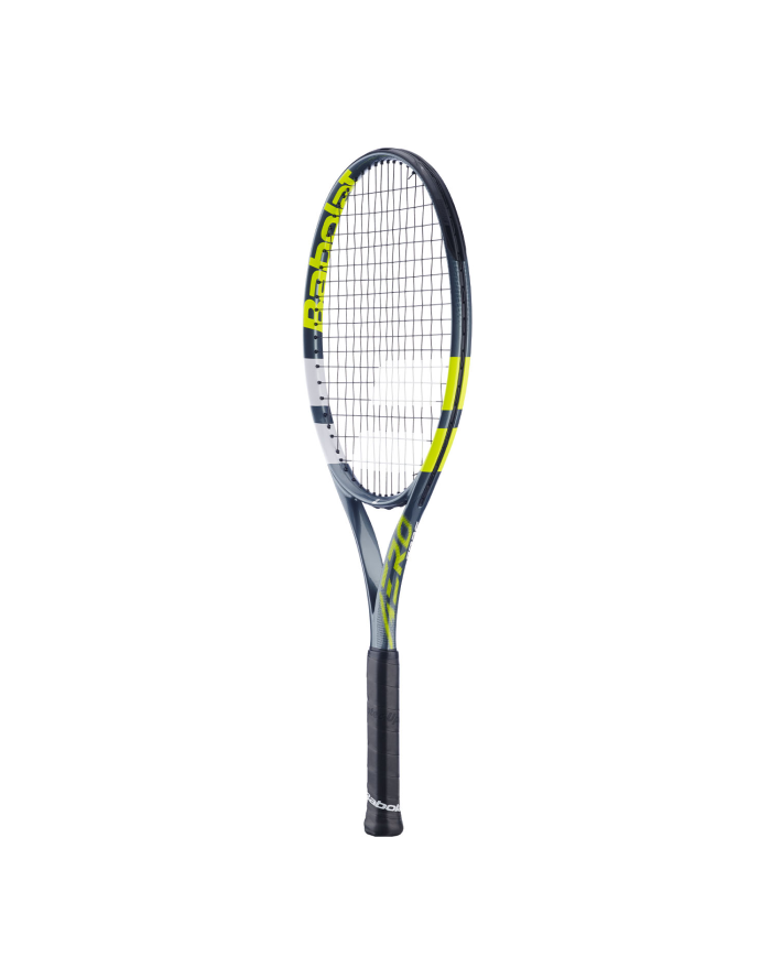 Babolat Aero Junior 26 2026: racchetta da tennis per bambini con telaio blu-nero, impugnatura nera e corde bianche, logo giallo