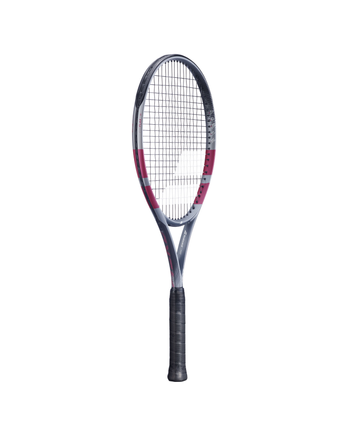 Racchetta da tennis Babolat Evo Aero Pink 2026 con telaio grafite e impugnatura nera, corde interne con motivo rosa e grigio.