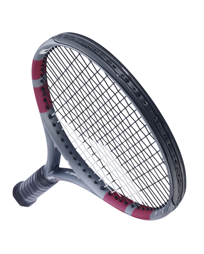 Raquete da tennis Babolat Evo Aero Pink 2026 vista di profilo, impugnatura nera, corde nere, telaio grigio-rosa con motivo pink.
