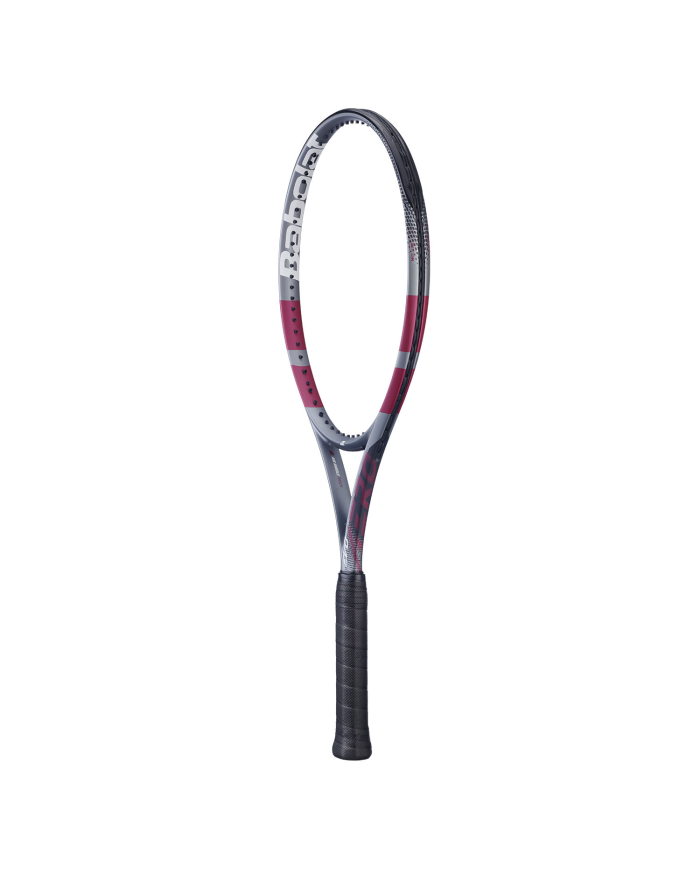 Fischio da tennis Babolat Evo Aero Pink 2026, racchetta da uomo/tennis, telaio lungo con impugnatura nera, motivo rosa e grigio.