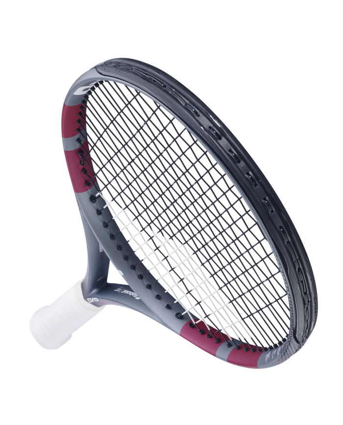 Raquet da tennis Babolat Evo Aero Lite Pink 2026 con telaio grigio-rosa e corde bianche, impugnatura bianca.