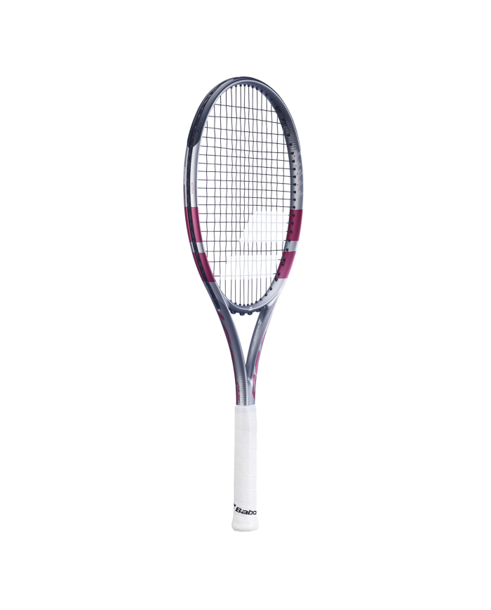 Raquette da tennis Babolat Boost Aero Pink 2026 con telaio grigio-rosa e impugnatura bianca, vy con corde nere e grafica rosa.