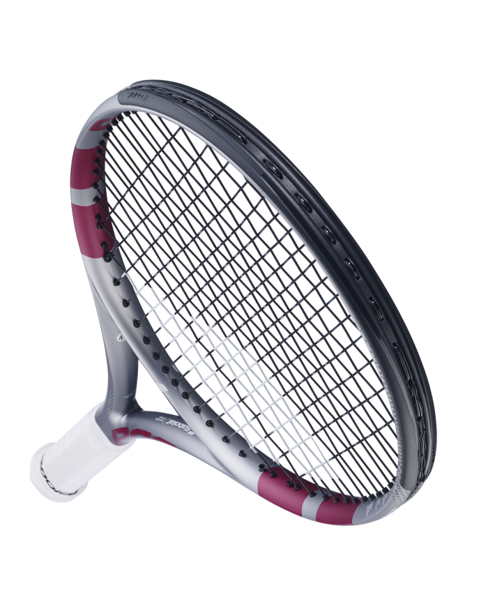 Racchetta da tennis Babolat Boost Aero Pink 2026 con telaio grigio-rosa e stringa nera, manico bianco.