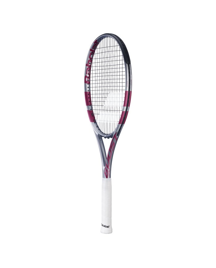 Raquetta da tennis Babolat Boost Aero Pink 2026 con telaio viola-rosa, corde nere e manico bianco.