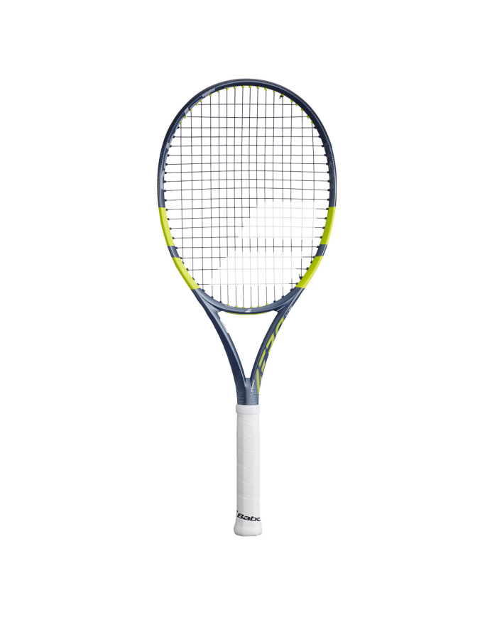 Raquete da tenis Babolat Pure Aero Lite Black/Yellow 2026 con freno giallo-neon, telaio blu scuro e impugnatura bianca.