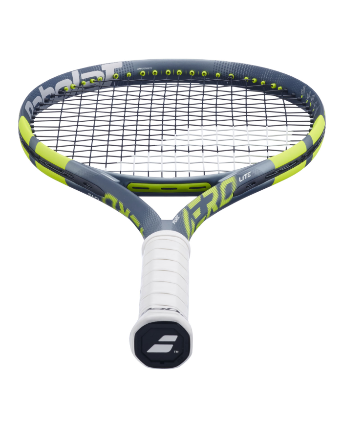 Racchetta da tennis Babolat Pure Aero Lite nera e gialla 2026 con trama a rete, impugnatura bianca.