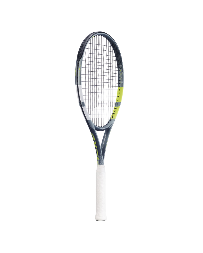 Racchetta da tennis Babolat Evo Aero Lite S, telaio grigio-nero con inserti gialli, cordezza nera e grip bianco.
