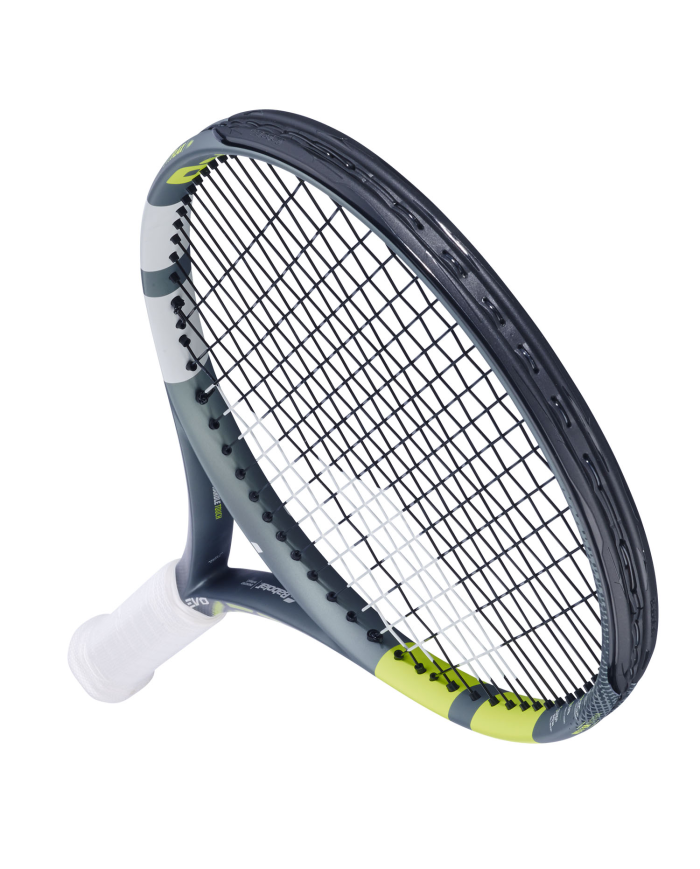 Raquette da tennis Babolat Evo Aero Lite S Grey/Yellow 2026, profilo nero, grip bianco, telaio aerodinamico con stringatura nera