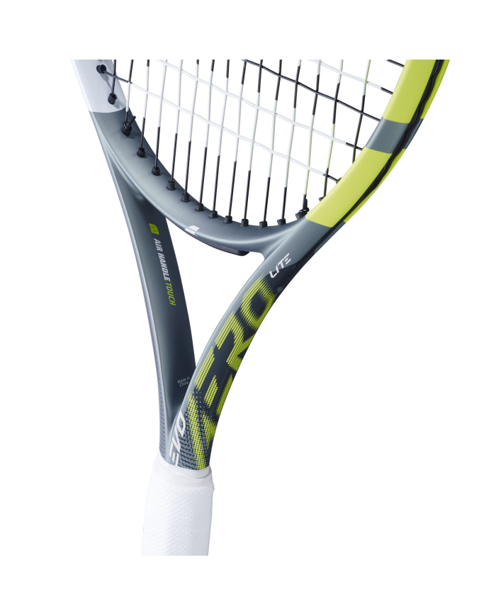 Raquette da tennis Babolat Evo Aero Lite S Grey/Yellow 2026, primo piano montaggio telaio grigio-nero con grafica giallo fluo e