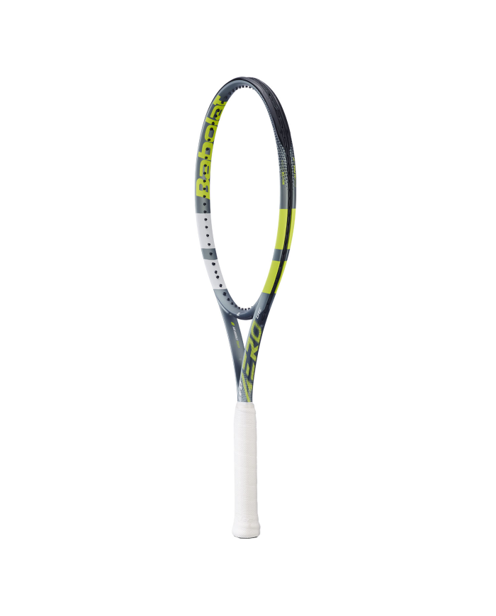 Raqueta da tennis Babolat Evo Aero Lite S in grigio/giallo, fusto snello con grip bianco, grafica e logo visibili.