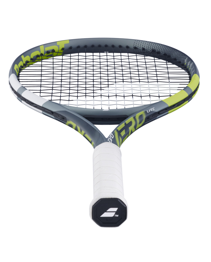 Racchetta da tennis Babolat Evo Aero Lite S Grey/Yellow 2026 con manico bianco e stringatura nera, vista frontale.