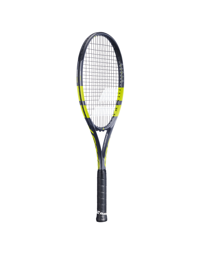 Raquette da tennis Babolat Boost Aero S Grey/Yellow 2026 completa con impugnatura nera, telaio grigio e accenti gialli.