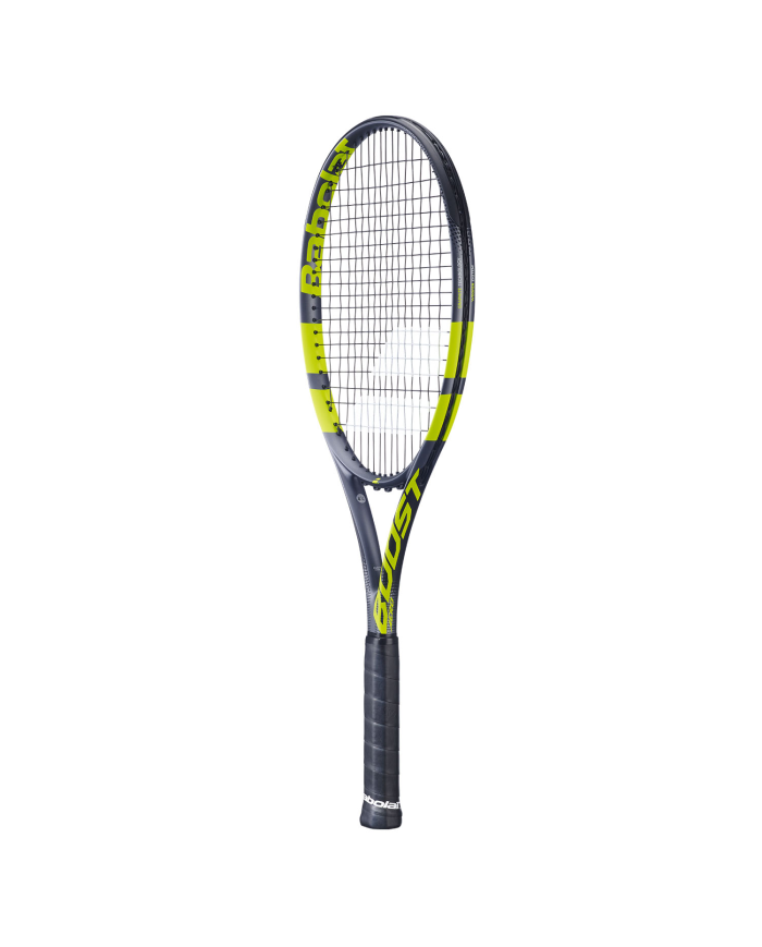 Maestro Babolat Boost Aero S Grey/Yellow 2026: racchetta da tennis nera con dettagli giallo limone,impugnatura rivestita.