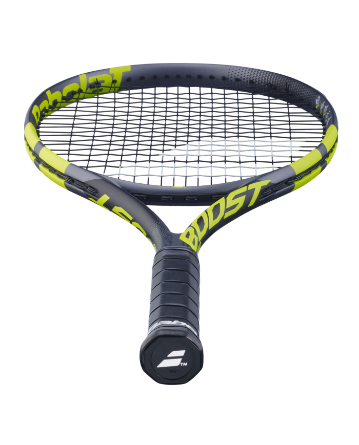 Raqueta da tennis da uomo Babolat Boost Aero S Grey/Yellow 2026 mostrata frontalmente, impugnatura nera e testa a circonferenza,